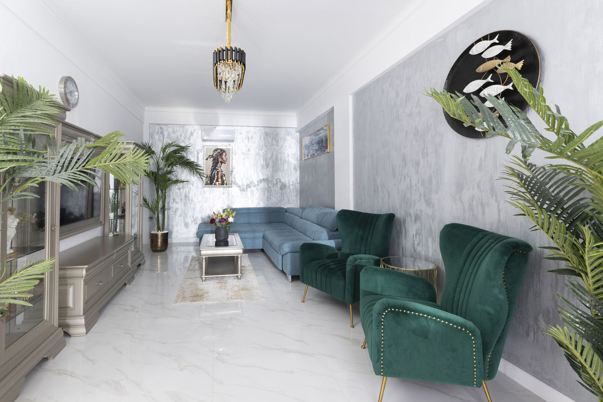 Living room with seating and modern decor in Bungalow Poseidon at Adonis Aegina Bungalows