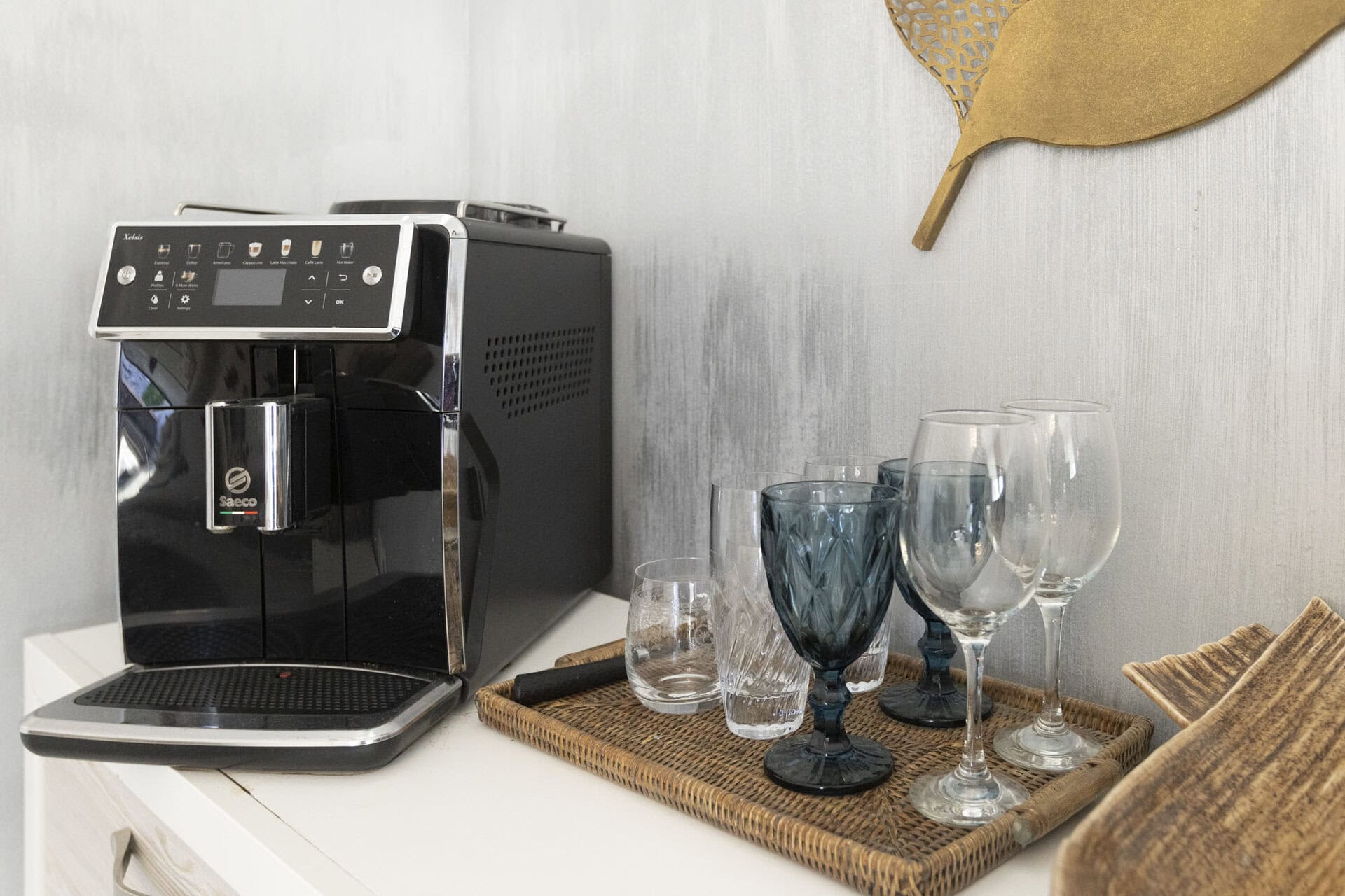 Coffee machine and kitchen amenities in Bungalow Hermes at Adonis Aegina Bungalows